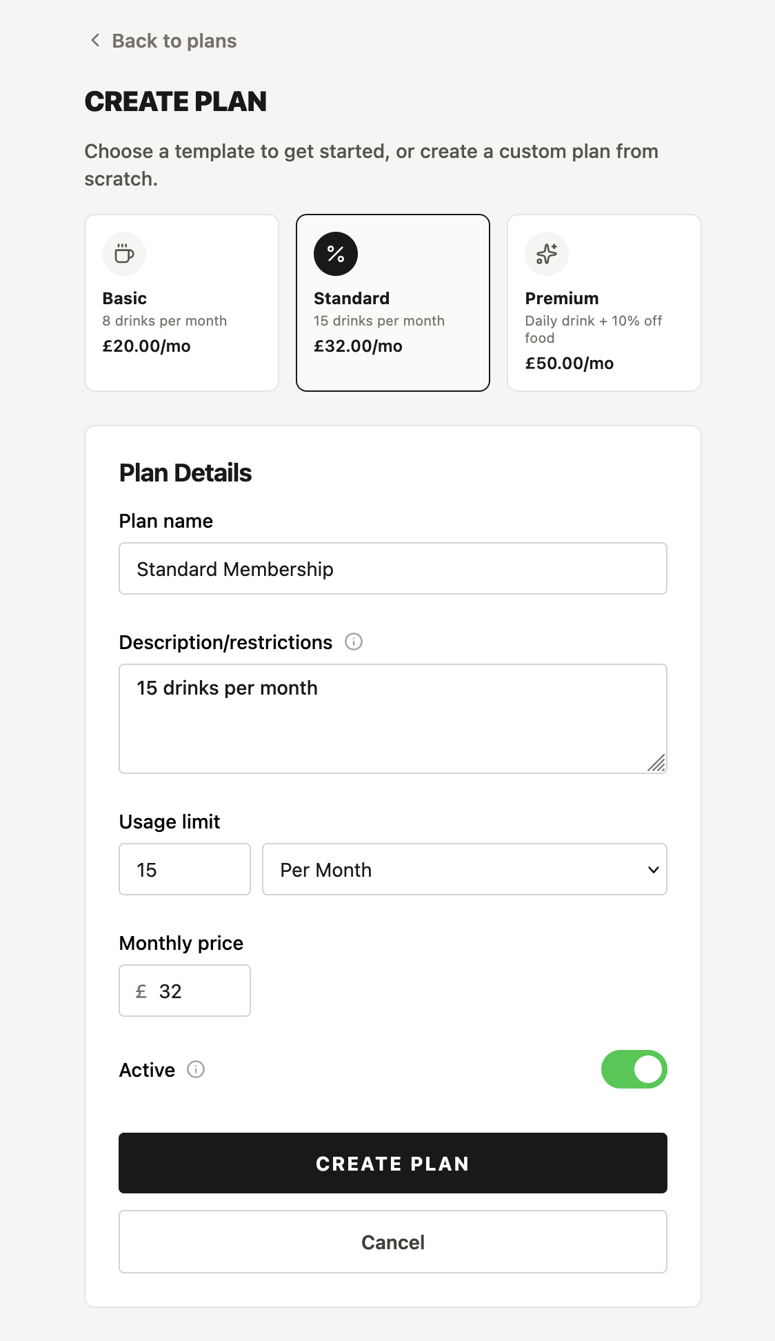 Membership plan setup screen
